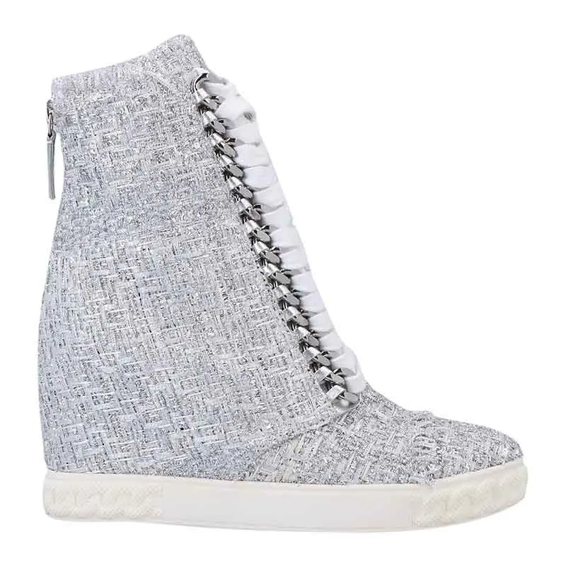 

Silver Bling Woolen Cloth 8cm Inner Wedge Heels Women Ankle Boots Lace Up Casual Shoes Street Style Motorcycle Booties Shoes