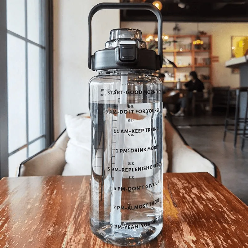 Large Capacity Sports Water Bottle with Straw and Time Marker