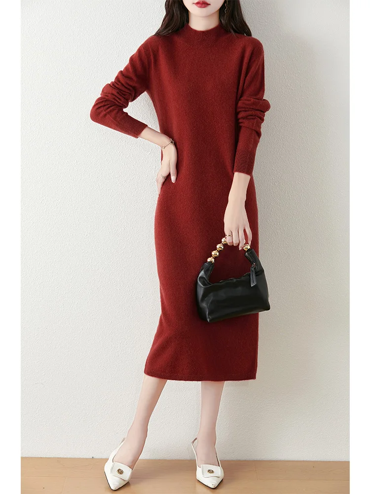 Casual Classic Sweater Dress Women Mock Neck Wool Dress Sweater