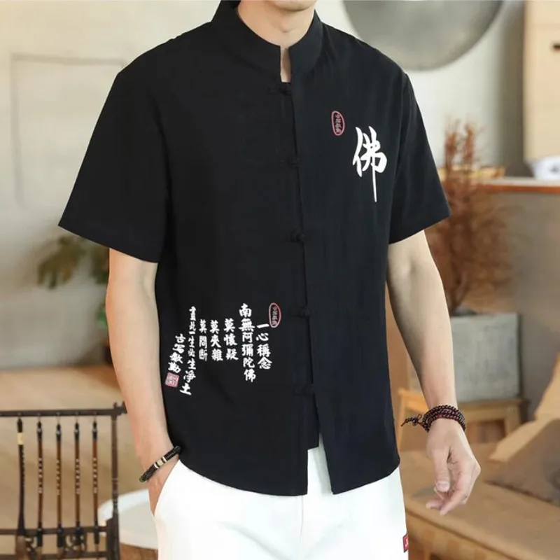 Men Chinese Style Shirts Mens Tops Tang Suit Linen 3/4 Sleeve Solid Traditional Kung Fu China Type Hanfu Shirt Plus Size 4XL 5XL