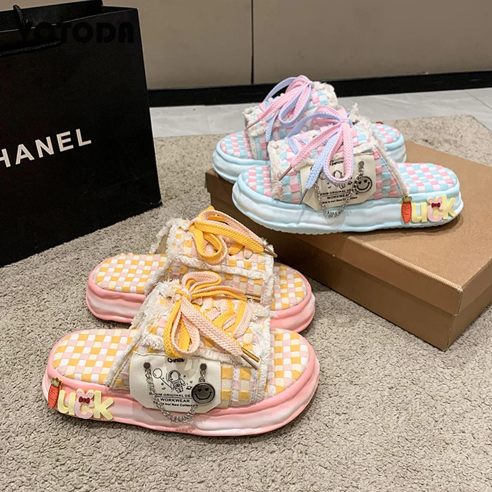 

2023 New Summer Women Canvas Slippers Platform Lace-Up Outdoor Slides Muller Sandals Cute Graffiti Canvas Shoes Ladies Flip-flop