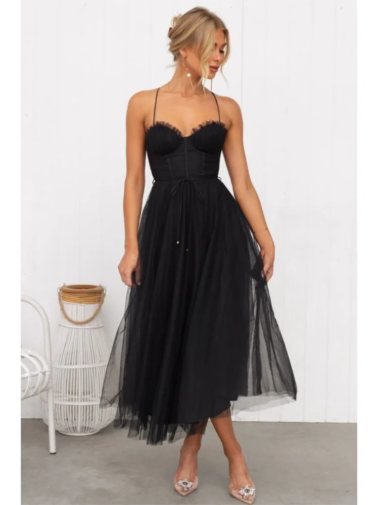 فستان سهرة مثير بدون حمالات شبكي سادة ميدي لربيع و...