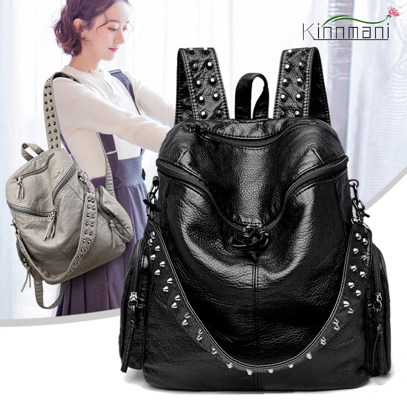 

Cool Girl Backpack Solid Color Retro Soft Leather Women's School Bag Rivet Shoulder Strap Large Capacity Casual Travel Backpacks