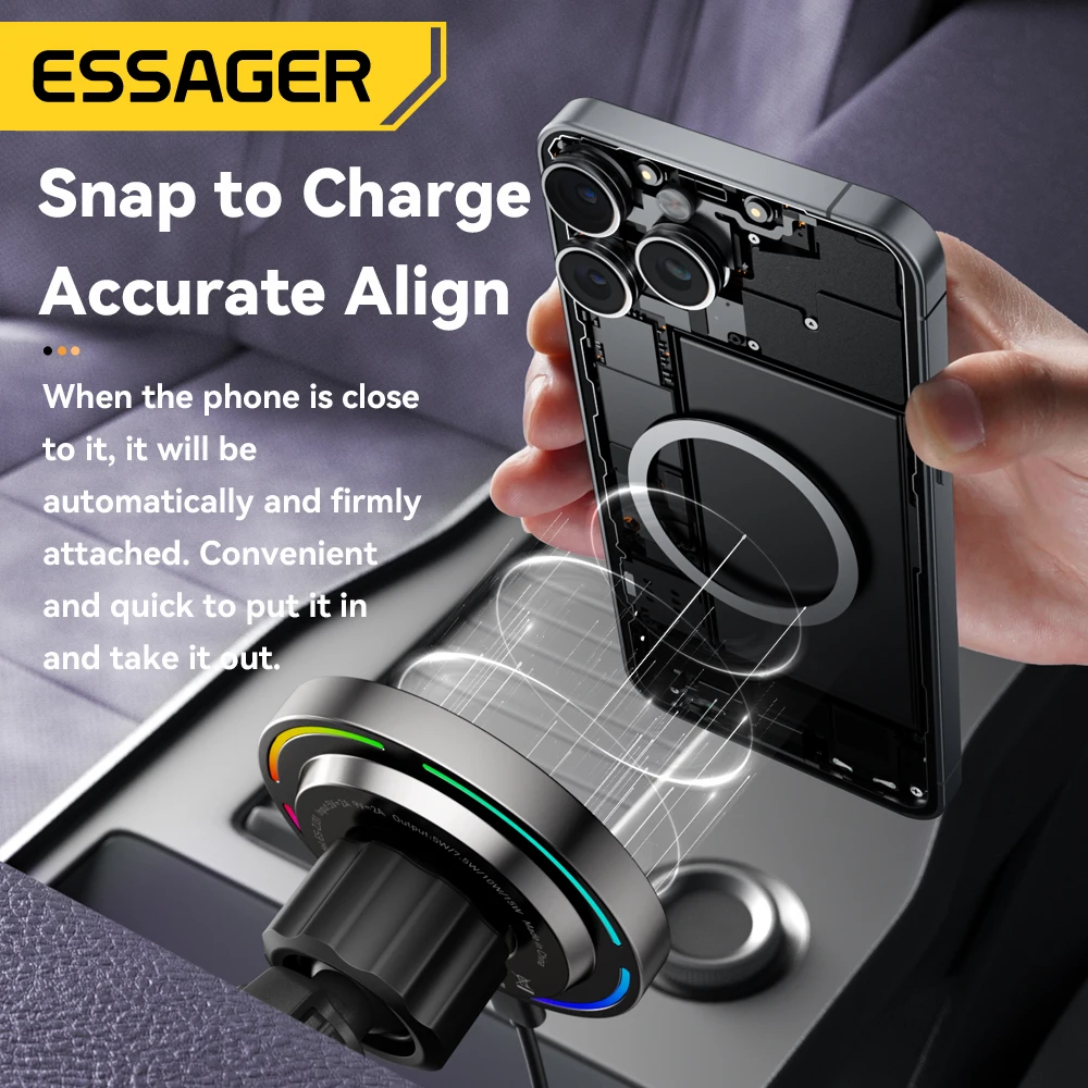 Essager RGB Magnetic Car Phone Holder Qi 15W Wireless Charger For iPhone17 16 15 14 Pro for Magsafe Universal Phone Holder Stand
