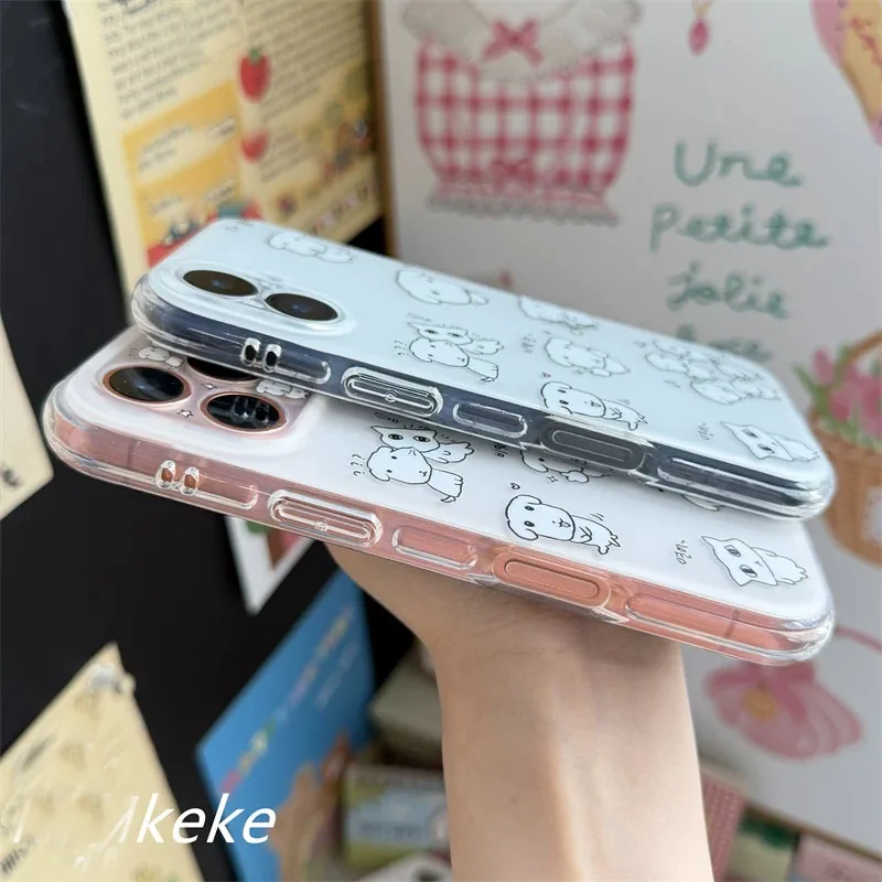 Korean Happy Line White Puppy Kawaii Phone Case - Cute Chain Shockproof Cover