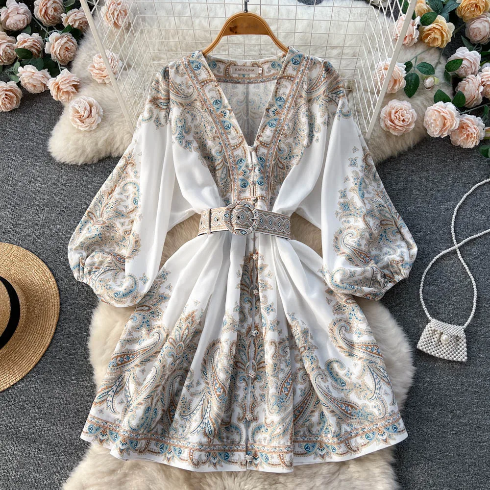 

Spring and Autumn New French Vintage Print Single Breasted V-neck Lantern Sleeves Wrapped Waist Mid Length Small Dress Trend