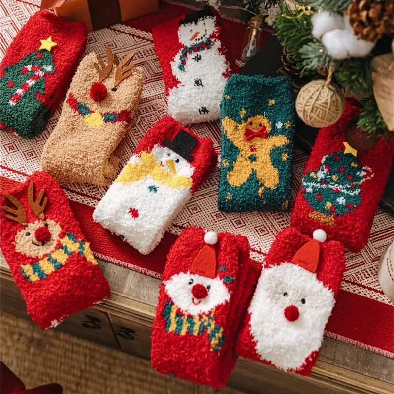 

Christmas Socks for Women Non-hair Off Coral Velvet Thickened Warm Christmas Sleep Cartoon Half-side Velvet Floor Socks