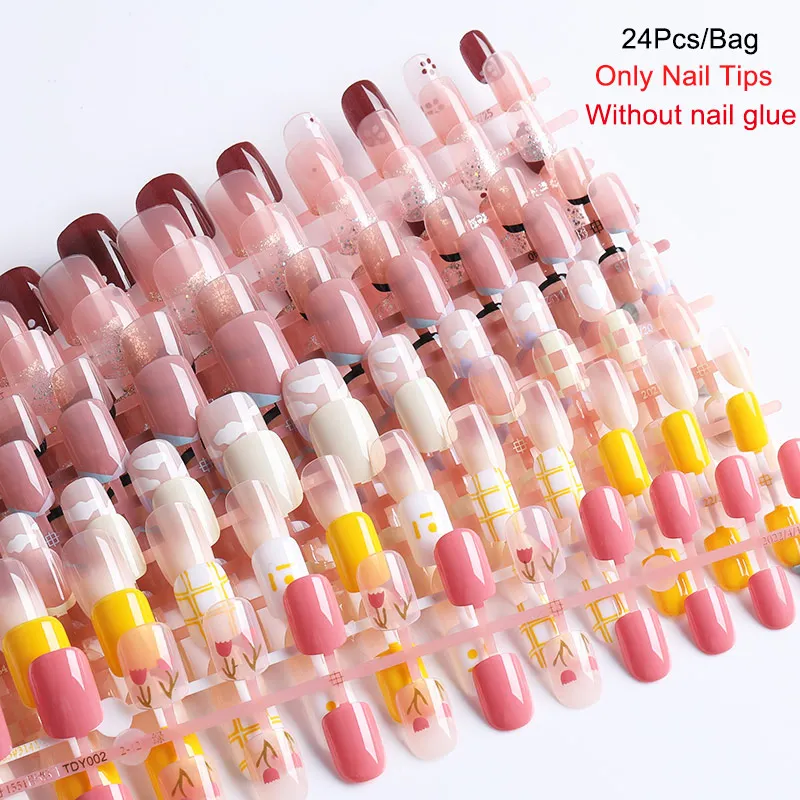 24pcs Gold Sun/Moon/Star Nude Press On Fake Nails Tips Without Glue Butterfly Abstract Women Design False Nails Manicure images - 6