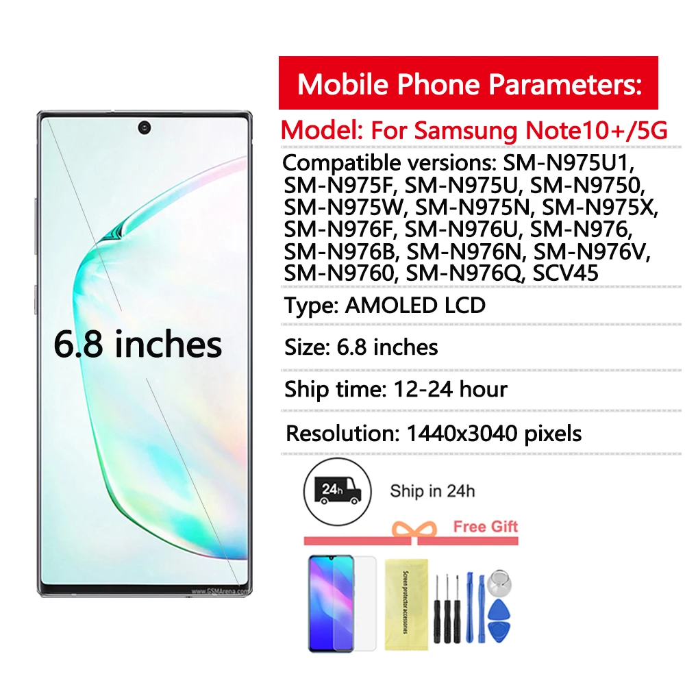 Super AMOLED Display For Samsung Note 10 Plus 4G 5G Display Touch Screen Note10+ N975F N976F LCD Support S Pen Fingerprint Work