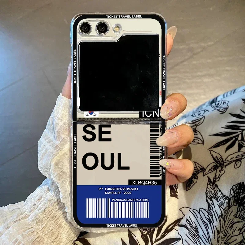 Hot Ticket Travel Label Phone Case with New York, Seoul, and Paris Design - Hard Protective Cover, Clear s