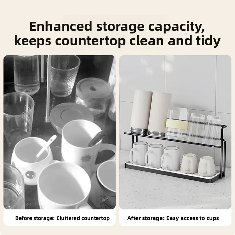 Double Layer Kitchen Counter Glass Bottle Tea Cup Coffee Storage Ra Drain Tray Stand Multi-Functional Kitchen Organizer
