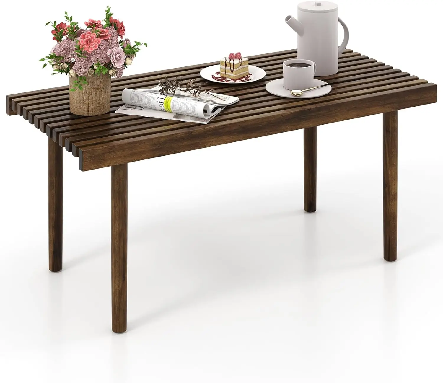 Wood Coffee Table, Farmhouse Acacia Wood Cocktail Table with Slatted Tabletop for Living Room, Rectangle Center Tea Table