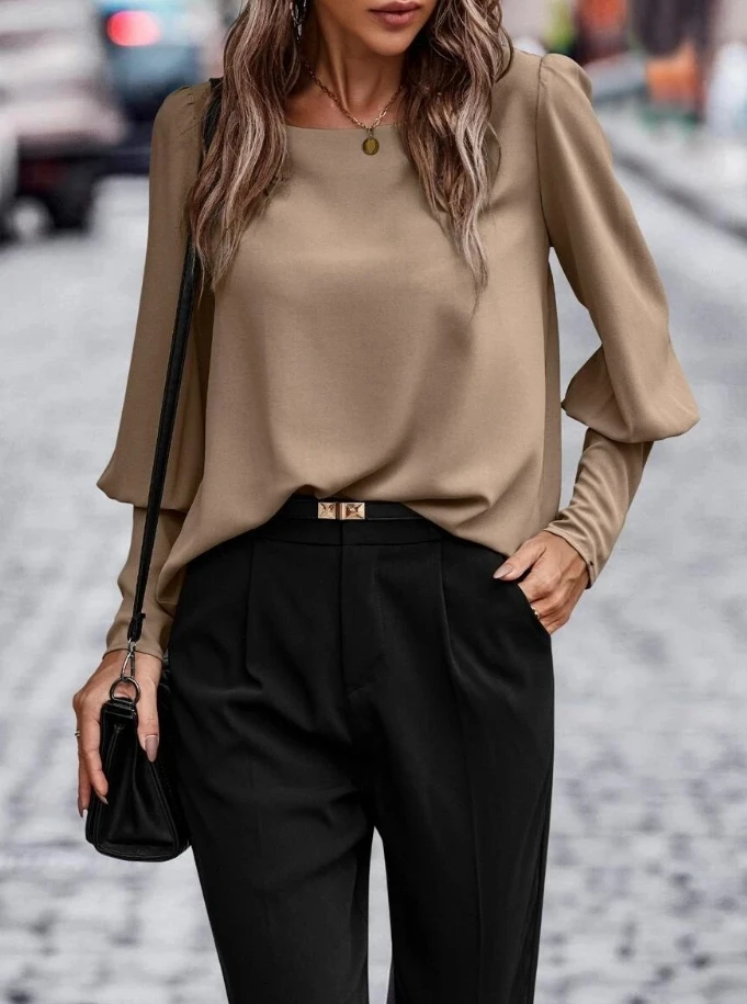 

Fashion Woman Blouse 2023 Autumn New Casual Solid Round Neck Shirt Feminine Commuter Long Sleeve Top Female Clothing