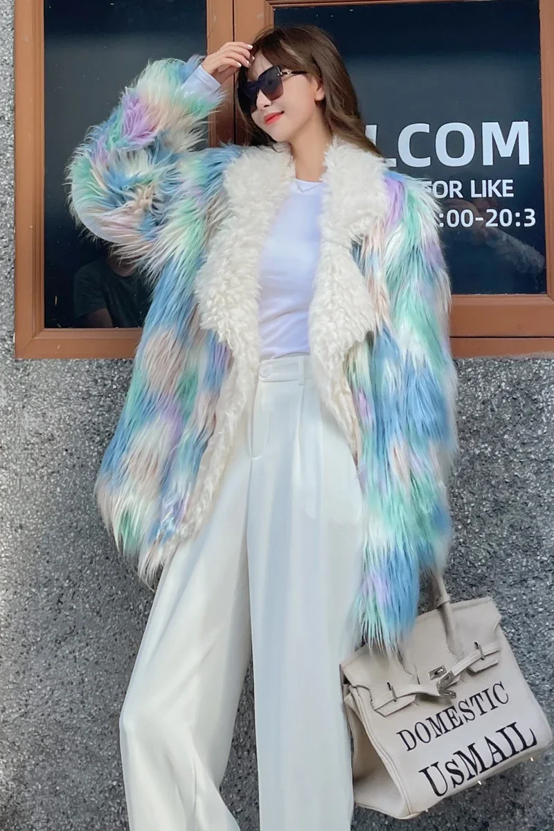 Winter 2023 Thick Warm Jacket Women's Faux Fur Mid-Length Suit Lapel Rainbow Color Lapel Long Sleeve Furry Coat Jaqueta Feminina