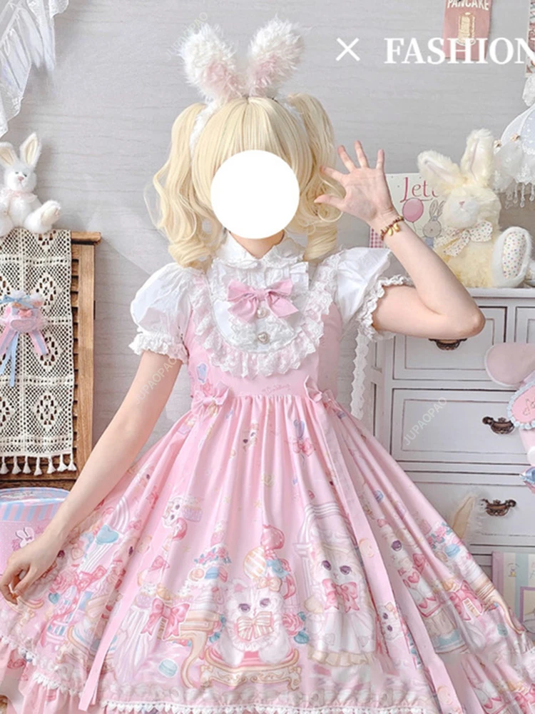 Gothic Sweet Lolita Dress Square Collar Cat Printing Designer JSK Dress Bow Sleeveless Lace Ruffles Lace Girly Camisole Dresses