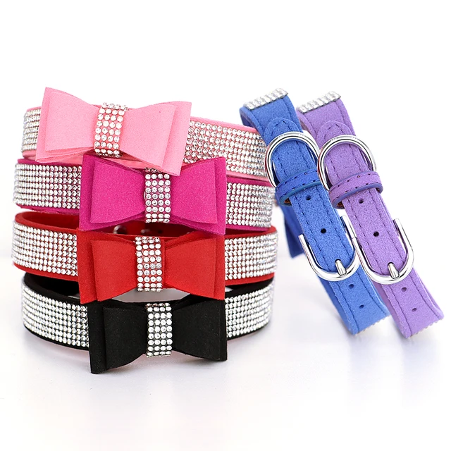 Small Medium Bling Rhinestone Suede Leather Bowknot Accessories Dog Collar Adjustable Pet Puppy Kitten Pug Necklace Collars 2