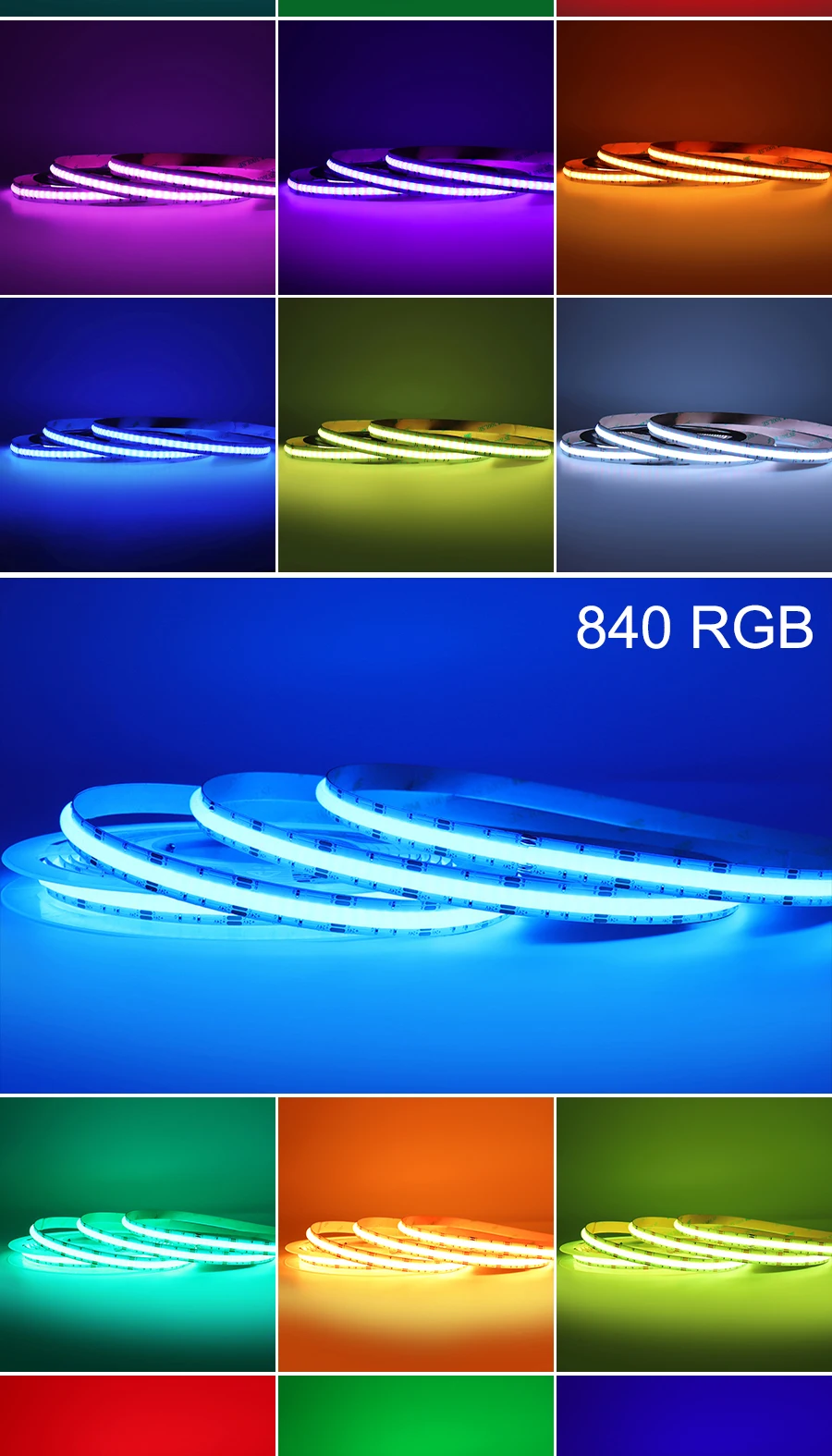 Description Picture 6 of item12V 24V RGB RGBW RGBCCT LED COB Strip Lights High Density Dimmable LED Tape Flexible Ribbon Light 4pin 5pin 6pin LED Ribbon Tape