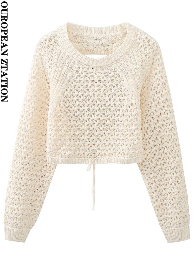 

PAILETE Women 2023 fashion with tie cropped knit sweater vintage backless o neck long sleeve female pullovers chic tops