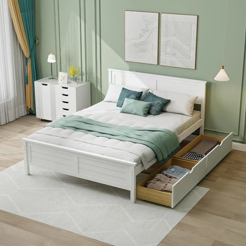 

Wood Full Size Bed Frame with 2 Storage Drawers, Solid Wood Platform Bed with Headboard, Wooden Slats Mattress Foundation