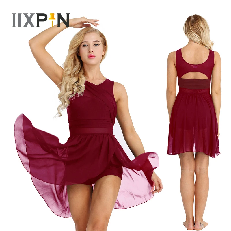 

IIXPIN Women Ballet Dress Ballerina Dance Sleeveless Cut Out Asymmetric Chiffon Stretchy Ballet Dance Gymnastics Leotard Dress