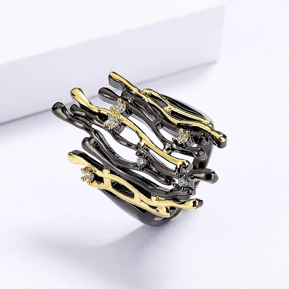 Creative Women's Ring Two-color Geometric Hollow Ring Irregular Branch Shape Jewelry Fashion Party Gift Sterling Silver 925
