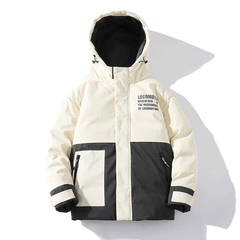 Japanese Fashion Winter Coat Men Printed Contrast Color Hooded Jackets Outdoor Short Thickened Sports Warm Jacket Men Clothing