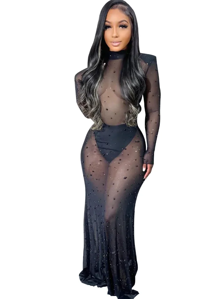 

KEXU Sexy Club Black Mesh Sheer Maxi Dress Gown Women Long Sleeve See Through Party Evening Birthday Dress Celebrities Outifts