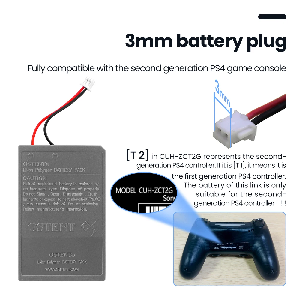 OSTENT Battery Pack Replacement for Sony PS4 Pro Slim Bluetooth Dual Shock  Controller Second Generation CUH-ZCT2 or CUH-ZCT2U