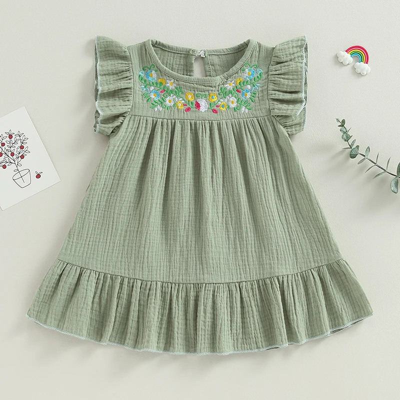 Cotton Linen Dress Toddler Girls Sleeveless Ruffle Sundress Floral Embroidered Flare Dress Baby Kids Summer Clothes (Pink 1-2） girls dress baby girl dress