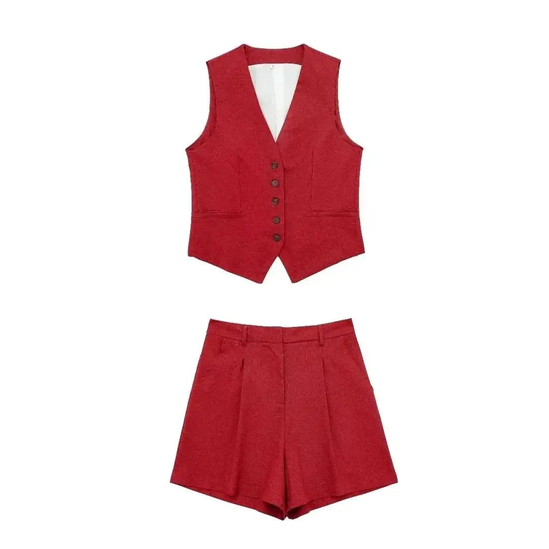 thumbnail image 1 of TRAF 2024, conjunto De pantalones cortos De moda Vinatge para Mujer, chaleco Blanco sólido sin mangas + pantalones con bolsillos, conjunto De dos piezas para Mujer, ropa De calle para Mujer, 1 of 5