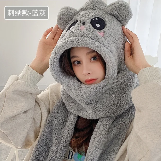 

Little Bear Scarf Female Winter Hat Scarf One Lovely Lamb Cashmere Thickened Warm Neck Protection Winter Girl Embroidered Grey