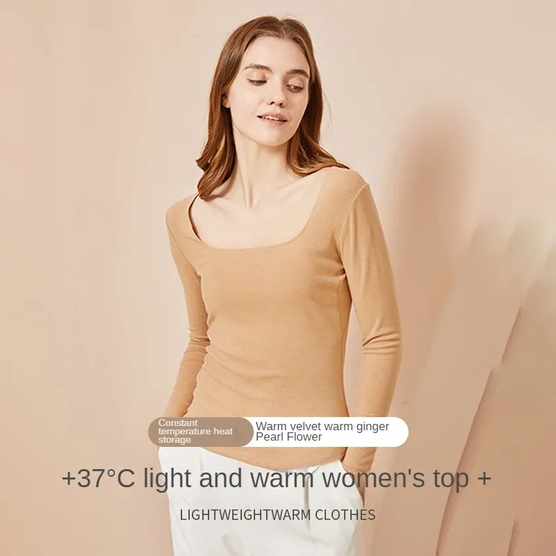 

New Thermal Underwear Women Thin Section Derong No Trace Warm Clothes for Women Square Collar Fever Winter T-shirt and Blouse