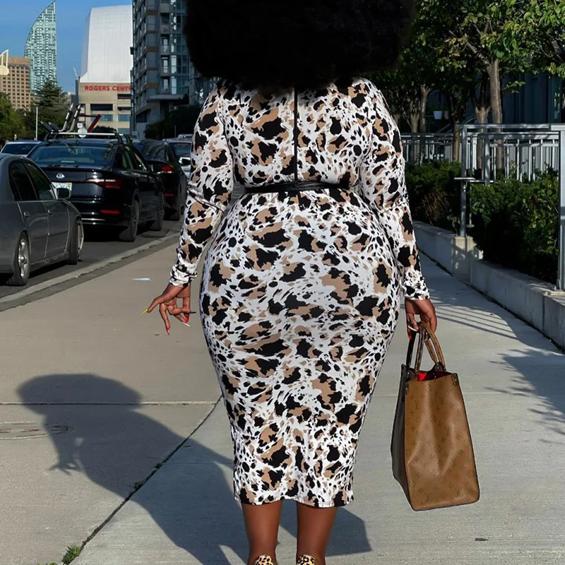 Fashion Printing Lacing Long Sleeve Bag Hip Women's Clothing Spring Autumn Office Lady Round Neck Sashes Slim Plus Size Dresses