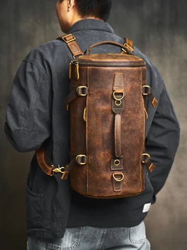 Zaino da viaggio multifunzione da uomo alla moda in pelle Crazy Horse, borsa a tracolla per laptop casual di grande capacità, borse a secchiello da escursione