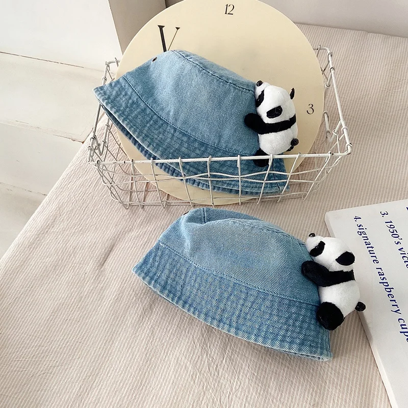Denim Baby Bucket Hat 3D Panda Kids Sun Hat Outdoor Child Panama Cap Sun Prontction Toddler Hats Children Accessories 48/52cm 2