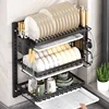 2 Layer Kitchen Dish Rack Wall Mounted Multifunctional Storage Rack No-hole Cupboard with Chopsticks Knives Plates Draining 2