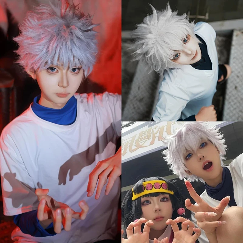Hochwertige Anime Killua Zoldyck Cosplay Perücke 30 cm kurze silberweiße flauschige hitzebeständige Kunsthaar-Party-Perücken + Perückenkappe – Detail 9