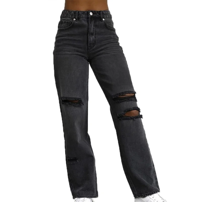 2024 High Waist Ripped Black Pants Women Wear Ragged Black Jeans Fashion Clothing Trendy Casual Long Denim Trousers Boyfriend