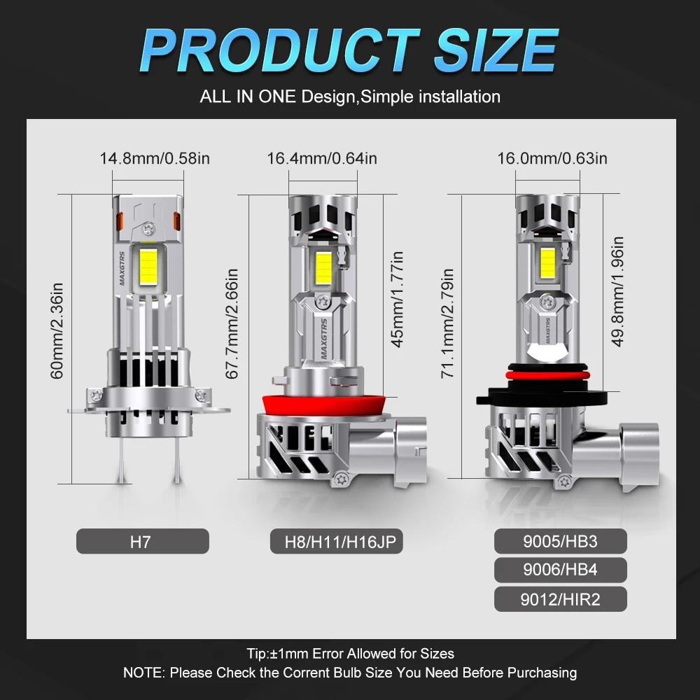MAXGTRS 2개입 캔버스 H7 H8 H11 LED 헤드라이트 30000LM 초고휘도 9005 HB3 9006 HB4 9012 HIR2 LED 램프 (듀얼 터보 팬 포함)
