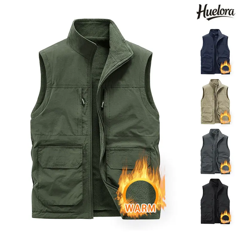 Men Hiking Vest Outdoor Waterproof Double-Sided Mountaineering Work Fleece Warm Thickened Fishing Hunting Sleeveless Jacket