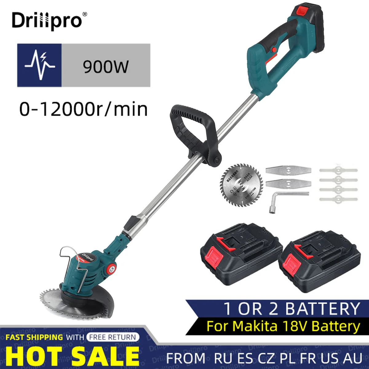 Беспроводная электрическая газонокосилка Drillpro, 12000 об/мин, складной регулируемый триммер, садовый обрезной станок, электроинструменты для резки, аккумулятор Makita