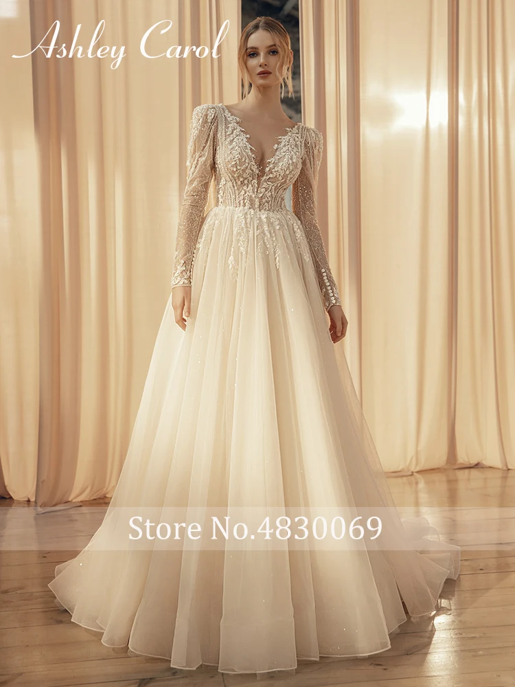 Ashley Carol Wedding Dresses For Bride Deep V-neck A-Line Lace Princess Appliques Brush Train Bridal Gowns Vestidos De Novia 6
