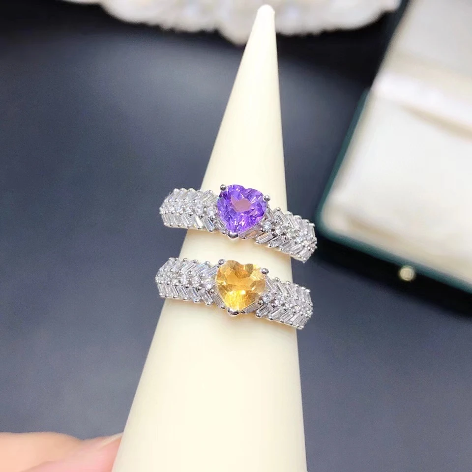 

Dazzling Natural Gemstone Ring for Engagement 6mm Heart Shape Amethyst Citrine 925 Silver Ring with 3 Layers 18K Gold Plated