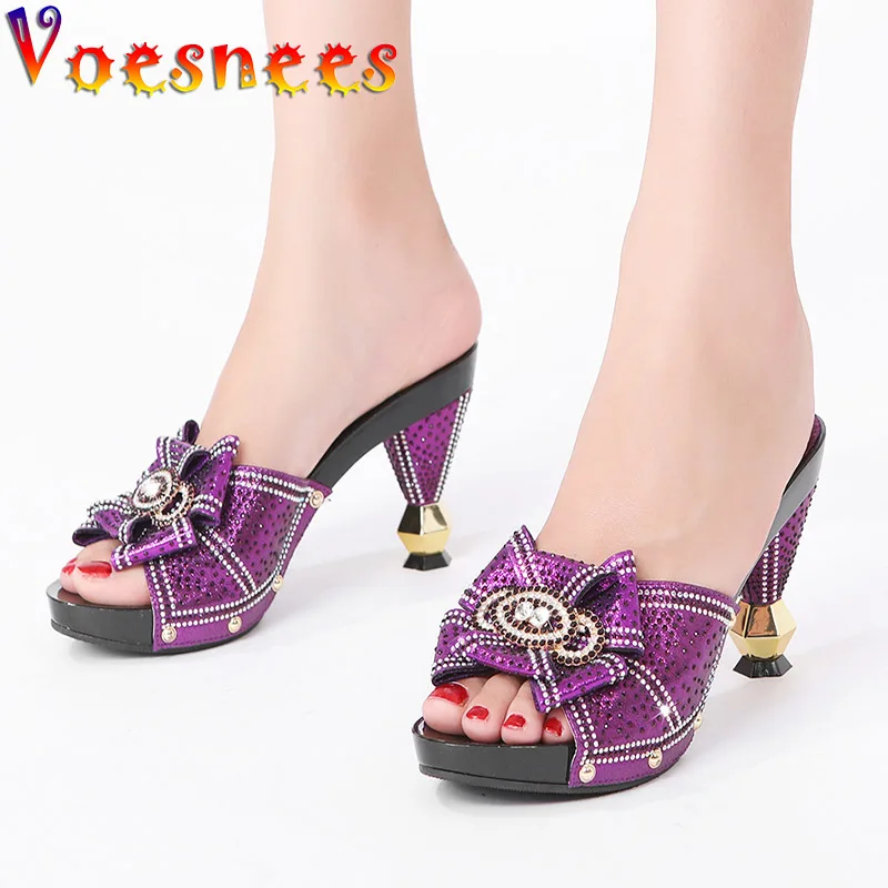 

Voesnees New Nigerian African Wedding Diamond Slippers Plus Size Fashion Dinner Party Shoe Summer Bow Women High Heels Sandals