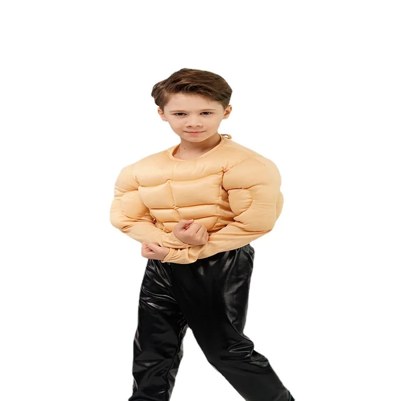 Funny Little Boy Muscle T-Shirt Costume Kids Boys Role Play Fake Pecs Fake Abs