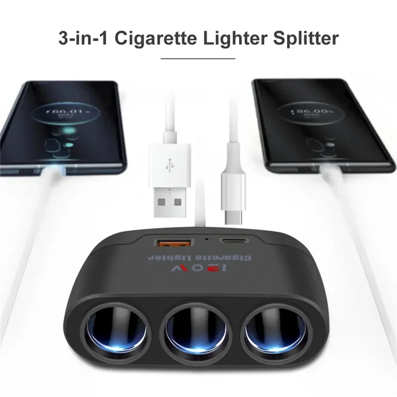 car charger 3 in 1 Dual USB Socket 120W Car Cigarette Lighter Splitter 12V 24V Fast Charger Plug Phone Power Adapter for Car DVR GPS Dashcam