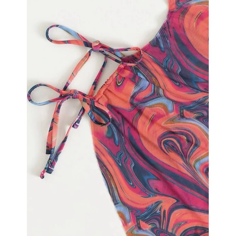 3 Piece Bikini Set for Women Padded Floral Print String Swimsuits Bathing Suit Sexy Cutout High Neck Mesh Beach Cover Up