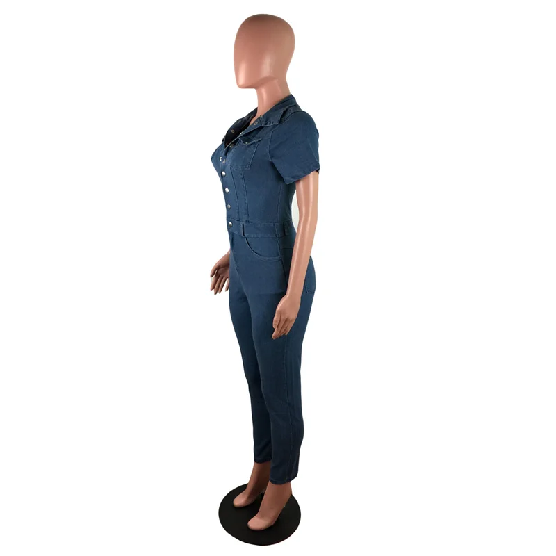 Summer Button Half-open Denim Jumpsuit Women's Lapel Short Sleeve One-piece Jackets Female Casual Slim Fit Rompers Pencil Jeans