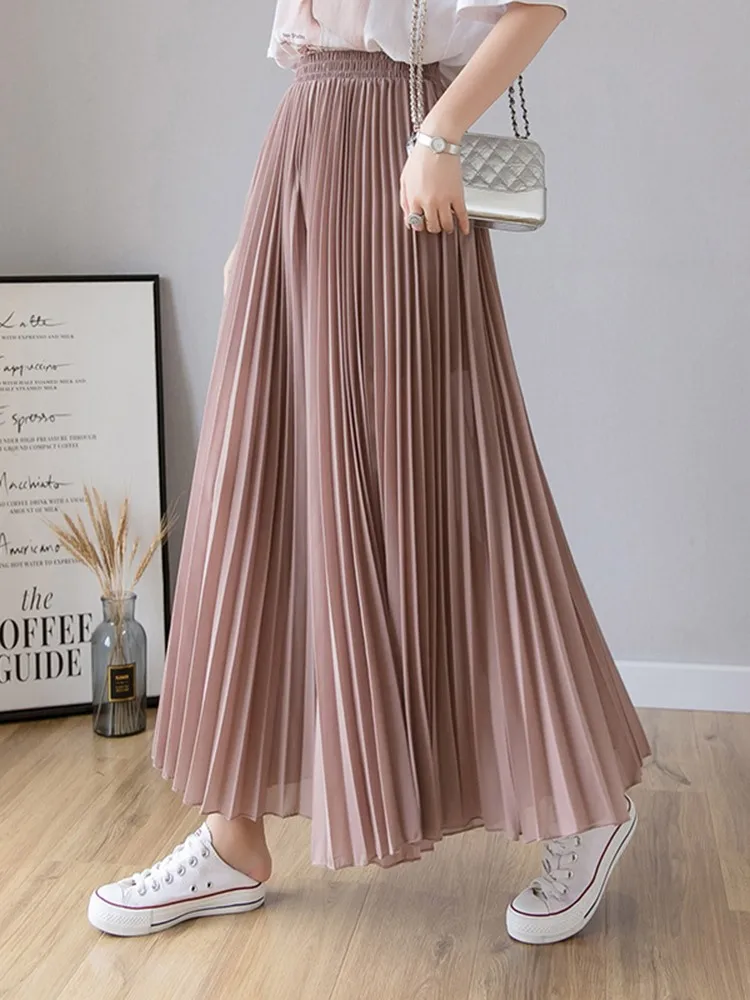 Women Fashion Pleated Pants Midi Long Skirt Female Korean Elegant Casual High Waist Skirts Jupe Faldas Spring Calf Length Skirts