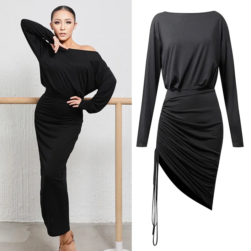 

Sexy Slanted Shoulders Latin Dance Dress Women Black Long Sleeves Latin Dance Costumes Adults Latin Practice Dresses SL7587